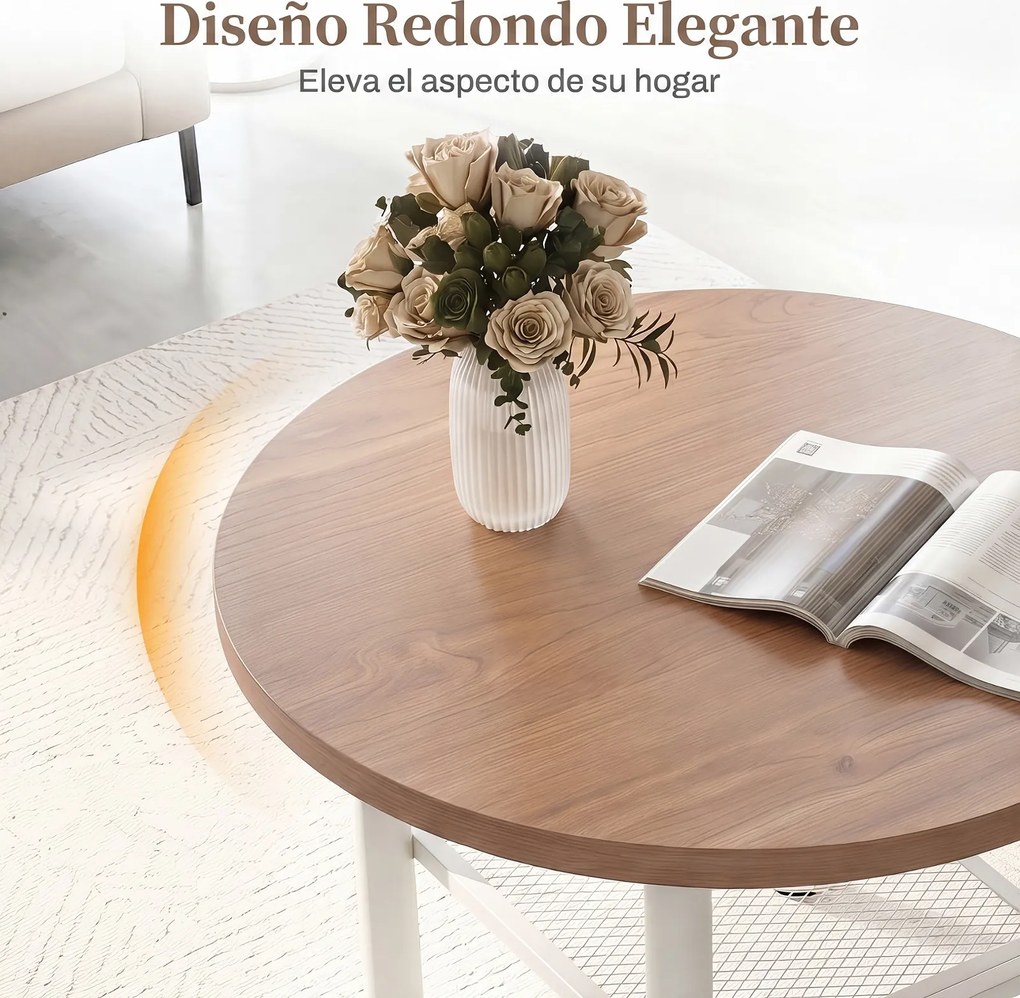 Mesa de Centro Redonda, 60 x 60 x 42 cm, 2 Níveis de Arrumação, Natural+Branco