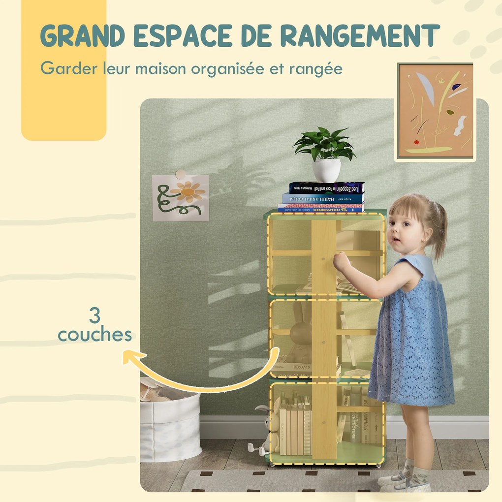 Estante infantil com rodas 48C x 48L x 99,5A cm, estante para livros infantis de 3 níveis para sala de jogos, quarto de criança, verde