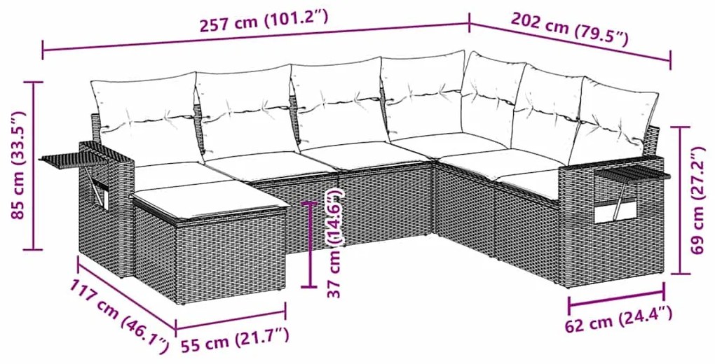 7 pcs conjunto de sofás p/ jardim c/ almofadões vime PE preto