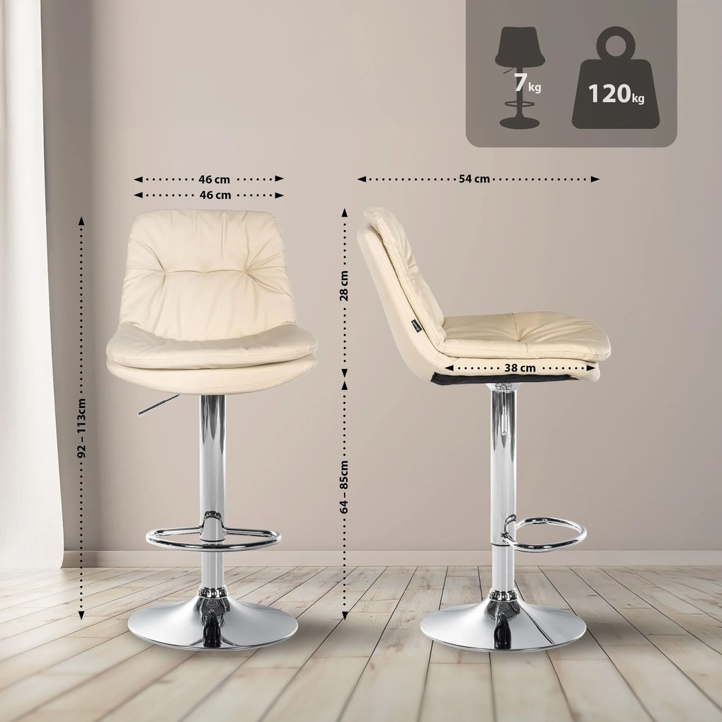 Banco de bar em couro sintético com estrutura prateada 92-113 x 46 x 54 cm cor creme