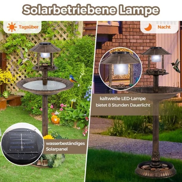 Bebedouro jardim para pássaros 51 x 51 x 107 cm com luz solar e vaso, estação de alimentação Bronze