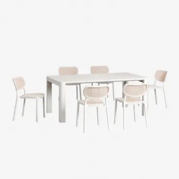Conjunto De Mesa Retangular 180x100 Cm Arnadine E 6 Cadeiras De Jardim Empilháveis Em Polipropileno Omara Branco Glacial - Sklum