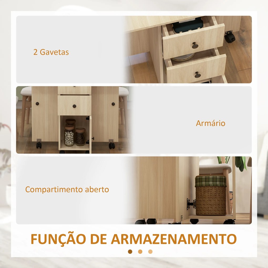 Mesa de Jantar Dobrável com Rodas (CADEIRAS NÃO INCLUIDAS) Mesa Abatível com 2 Gavetas e Armário Mesa Auxiliar Multifuncional 120x60x76,5 cm Madeira