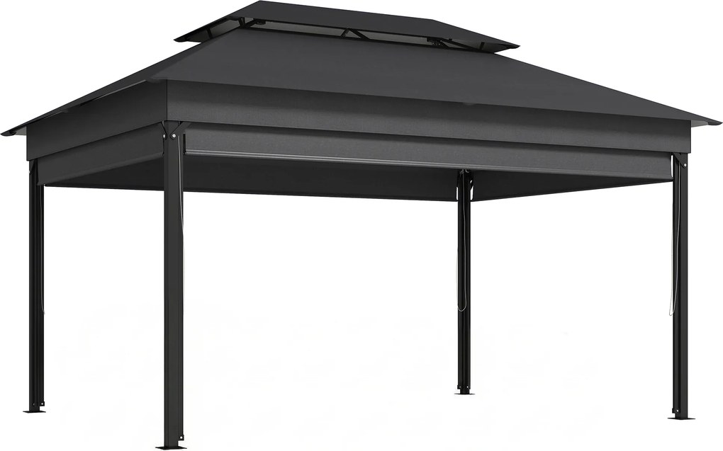 Outsunny Gazebo de Jardim 4x3 m com Cortinas Laterais, Telhado Duplo, Orifícios de Drenagem, Cinza Escuro | Aosom Portugal