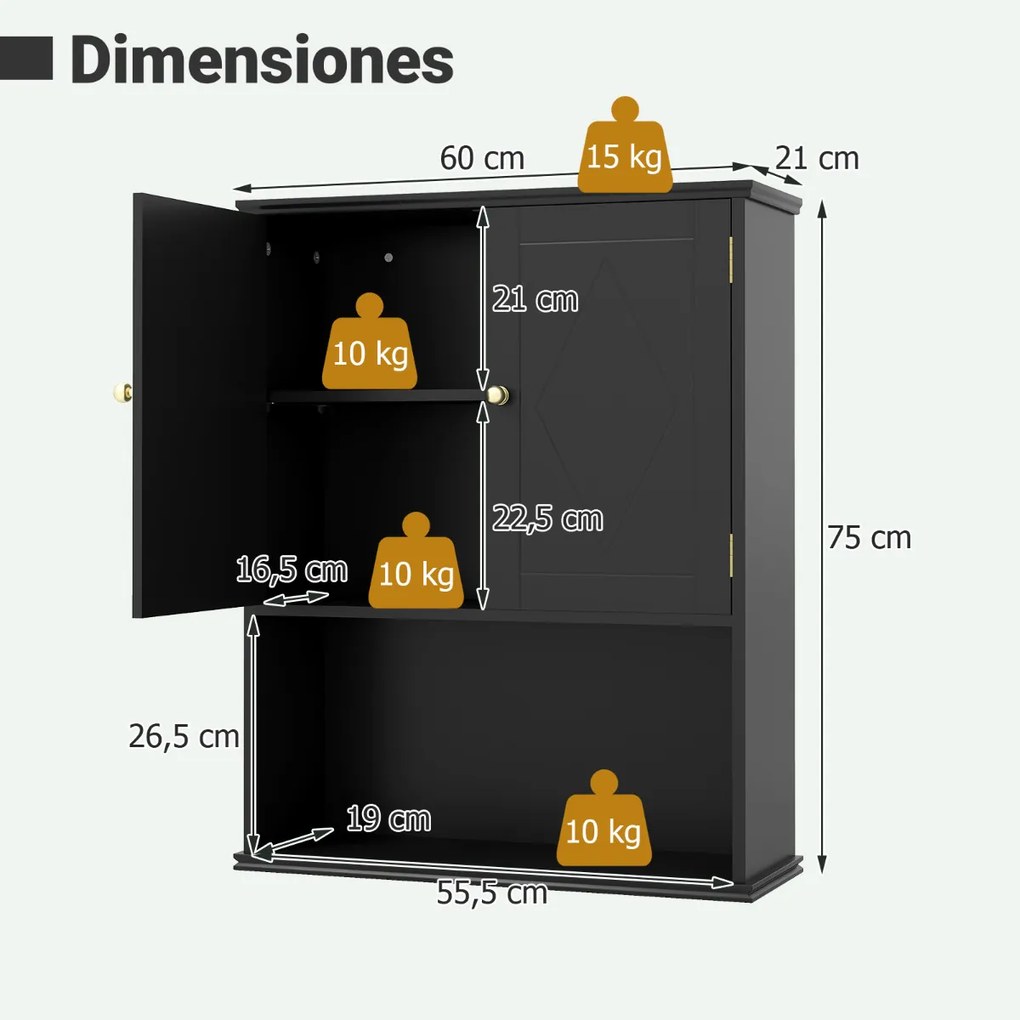 Armário de casa de banho de Parede 60 x 21 x 75 cm com 2 Portas com Prateleira Aberta e Ajustável Preto
