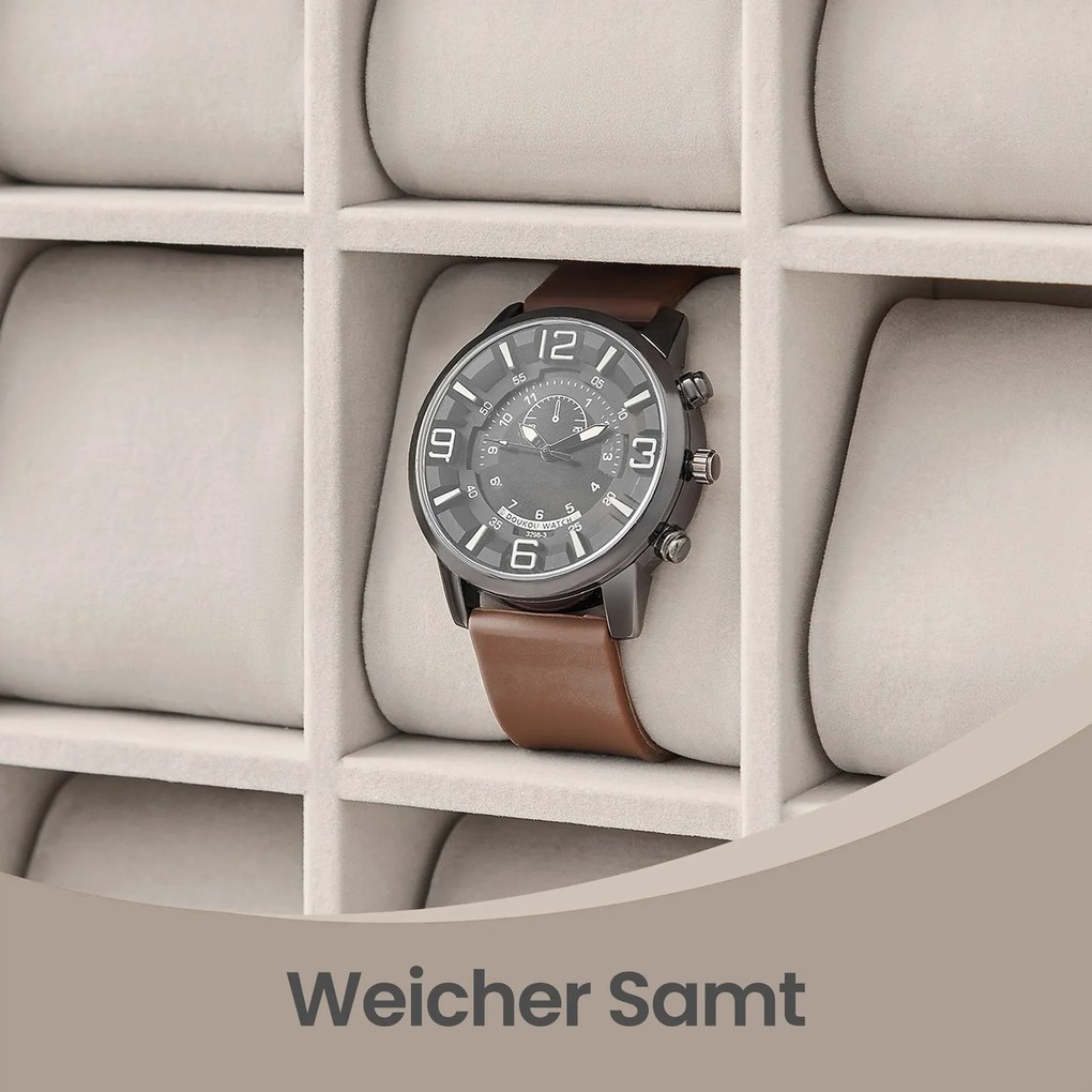 Caixa para relógios com 12 compartimentos, folheado de madeira maciça com janela 15,5 x 30 x 33,2 cm castanho