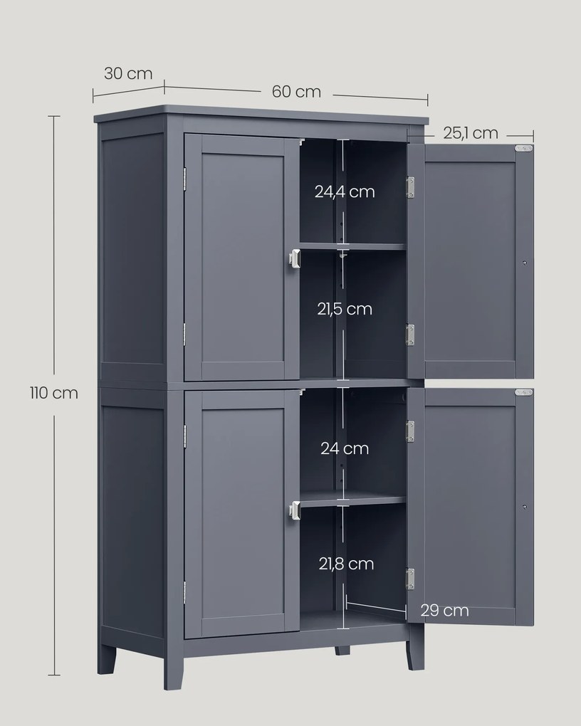 Armário de casa de banho com 4 portas e prateleiras reguláveis 30 x 60 x 110 cm Cinzento 