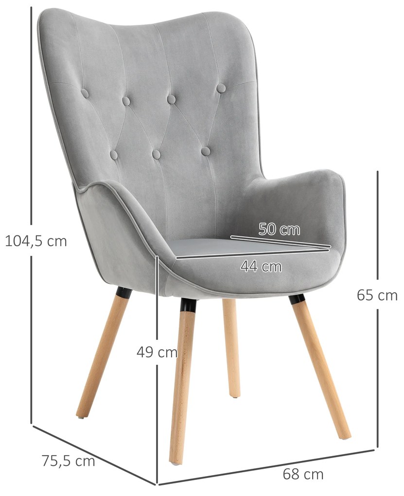 HOMCOM Poltrona Individual Estofada em Veludo Poltrona com Encosto Alto Apoio para os Braços e Pés de Madeira de Faia para Sala de Jantar Cozinha 68x75,5x104,5cm Cinza