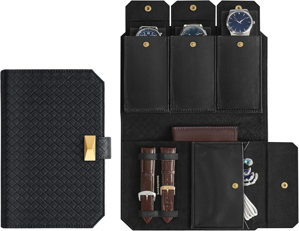 Coleção ONGMICS HOME RONNE - Bolsa para 3 relógios, estojo de viagem para relógios, couro sintético com relevo, organizador portátil para armazenamento de relógios, 22 x 14,5 x 4,5 cm, ideia para presente, tinta preta JWB018B01