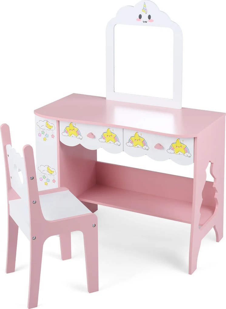 Conjunto de Toucador Infantil com Banco, 80 x 40 x 110 cm, Design 2 em 1, Cor-de-rosa
