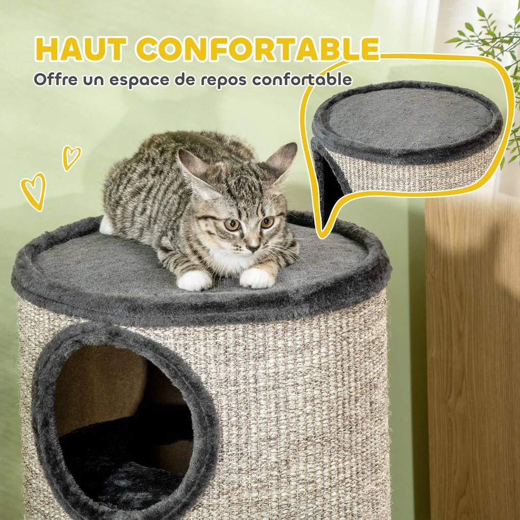 Barril para gatos arranharem, torre de arranhar em sisal com 3 níveis revestida a pelúcia, Ø 38 x 70 cm, cinzento claro