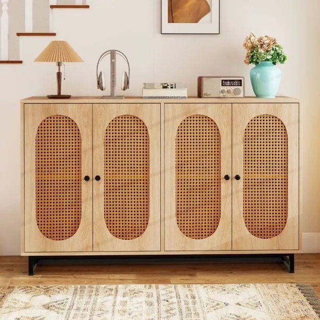 Aparador com 4 portas em rattan 126 x 40 x 81 cm, prateleiras ajustáveis, pés metálicos e 2 dispositivos anti-tombamento para sala de jantar, cozinha