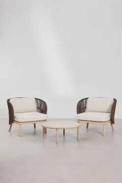 Conjunto De Sala Com 2 Poltronas Em Corda Trançada Capri E Mesa De Centro Em Madeira De Acácia Olivia Castanho Chocolate - Sklum