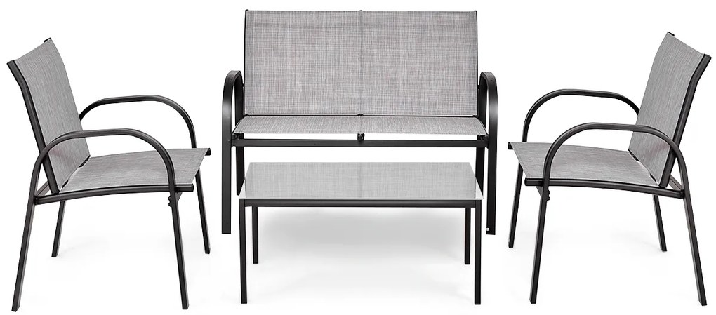 Conjunto Jardim de Mesa de Centro, 2 Cadeiras, Banco e Mesa de Centro de Jardim em Ferro e Malha para Terraço Exterior Cinzento