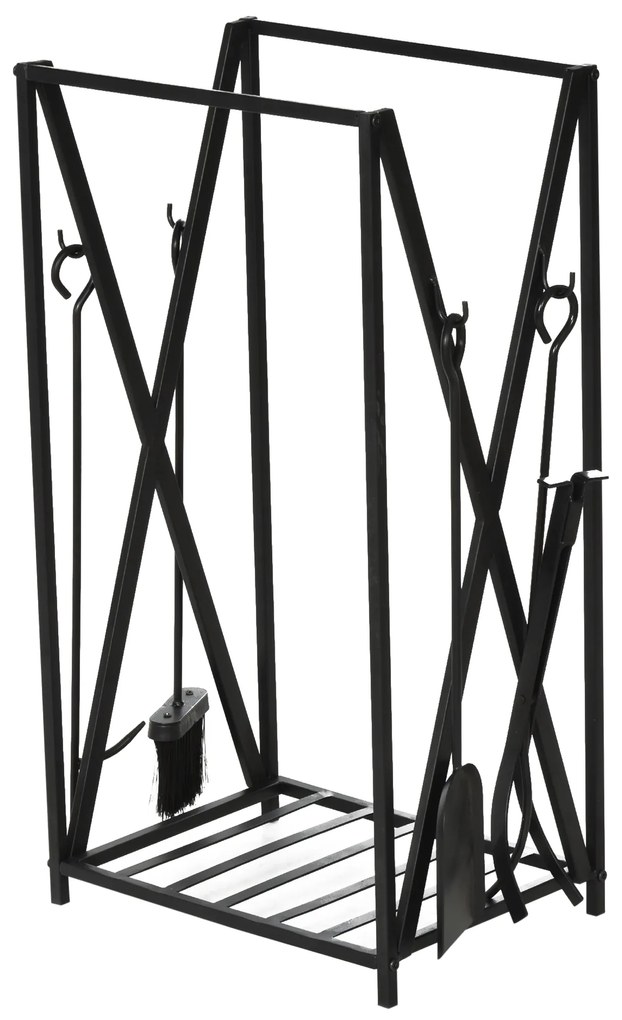 HOMCOM Suporte para Lenhas 46x30x76cm com 4 Ferramentas Incluídas Estrutura de Aço Carga Máxima 100kg para Exterior e Interior Preto