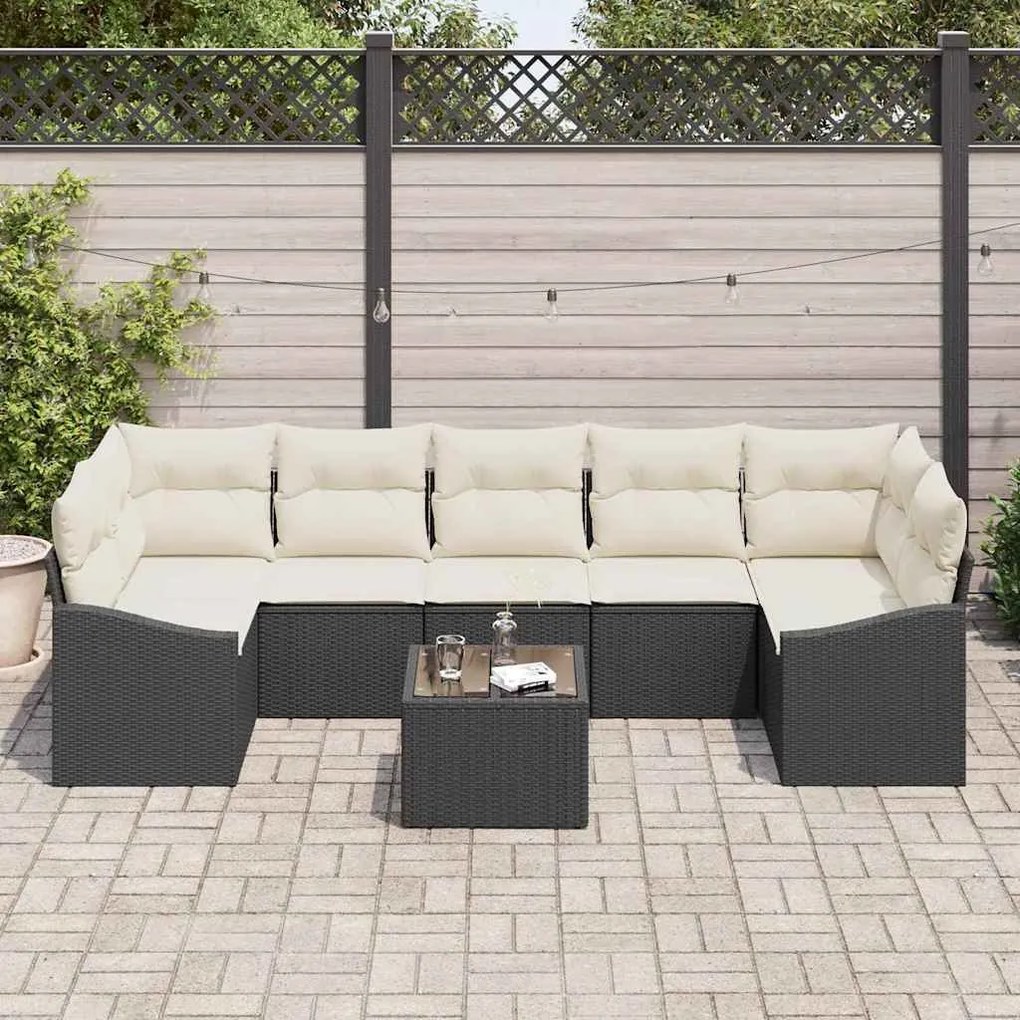 Conjunto de Sofá de Jardim 8 Peças com Almofadas Pretas em Rattan