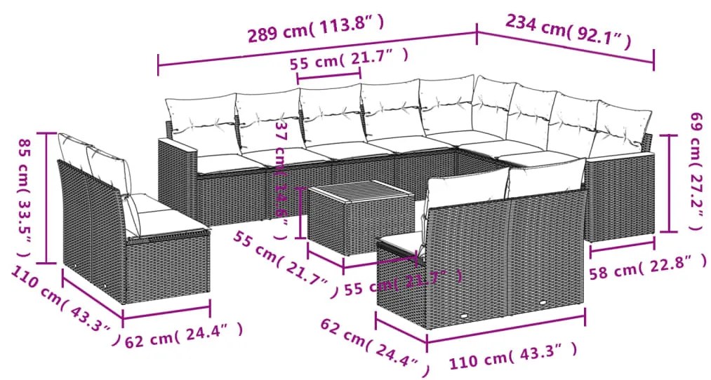 13 pcs conjunto sofás p/ jardim c/ almofadões vime PE cinzento