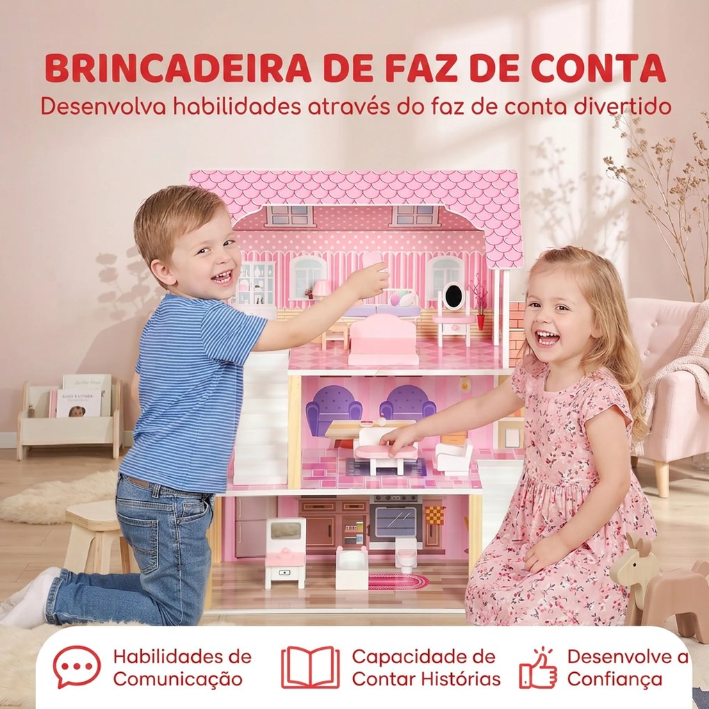 Casa de Bonecas de Madeira com 3 Andares, Varanda, Escadas e 10 Móveis, Brinquedo de Faz de Conta para Crianças 3-6 Anos, Rosa