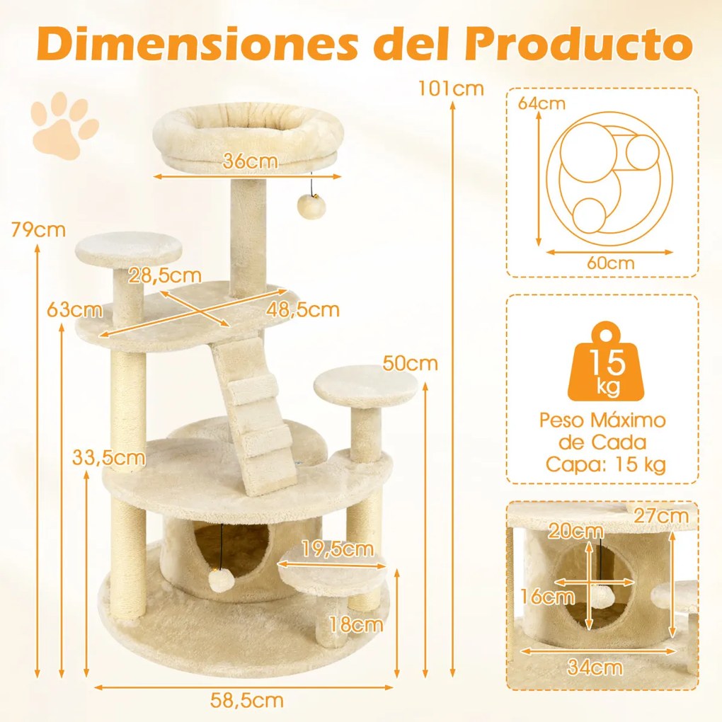 Arranhador para gatos Torre de atividades multinível com cama e condomínio Postes para arranhar e plataformas Centro de entretenimento Bege