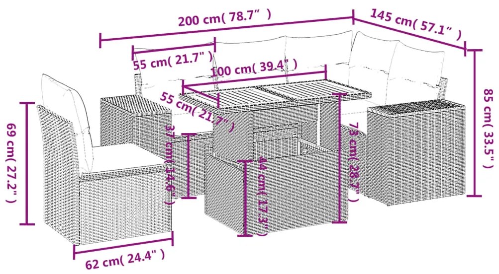 6 pcs conjunto sofás de jardim c/ almofadões vime PE preto