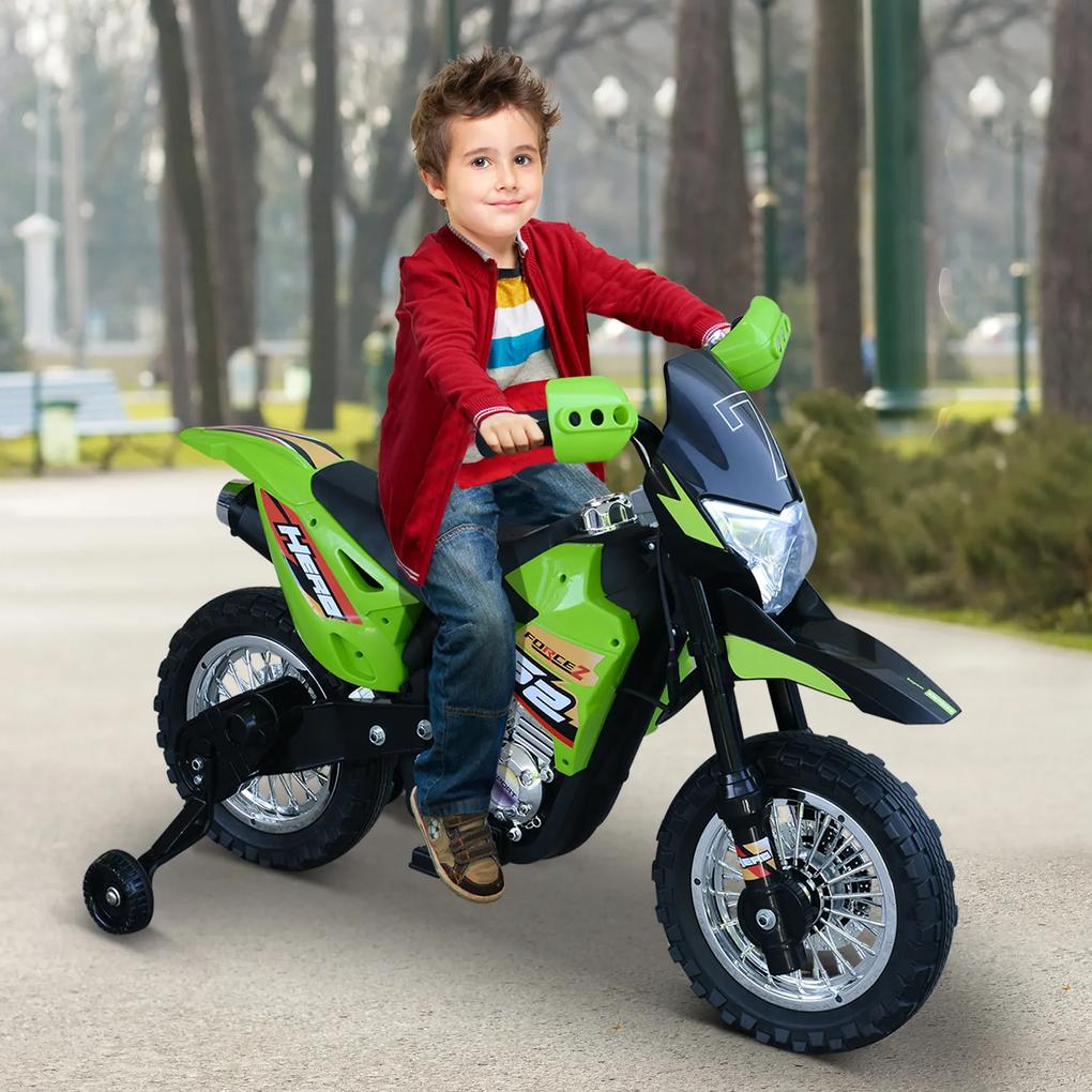HOMCOM Mota Elétrica Infantil Motocicleta Elétrica para Crianças acima de 3 Anos com Luzes Música e Rodas de Apoio 109x52,5x70,5cm Verde