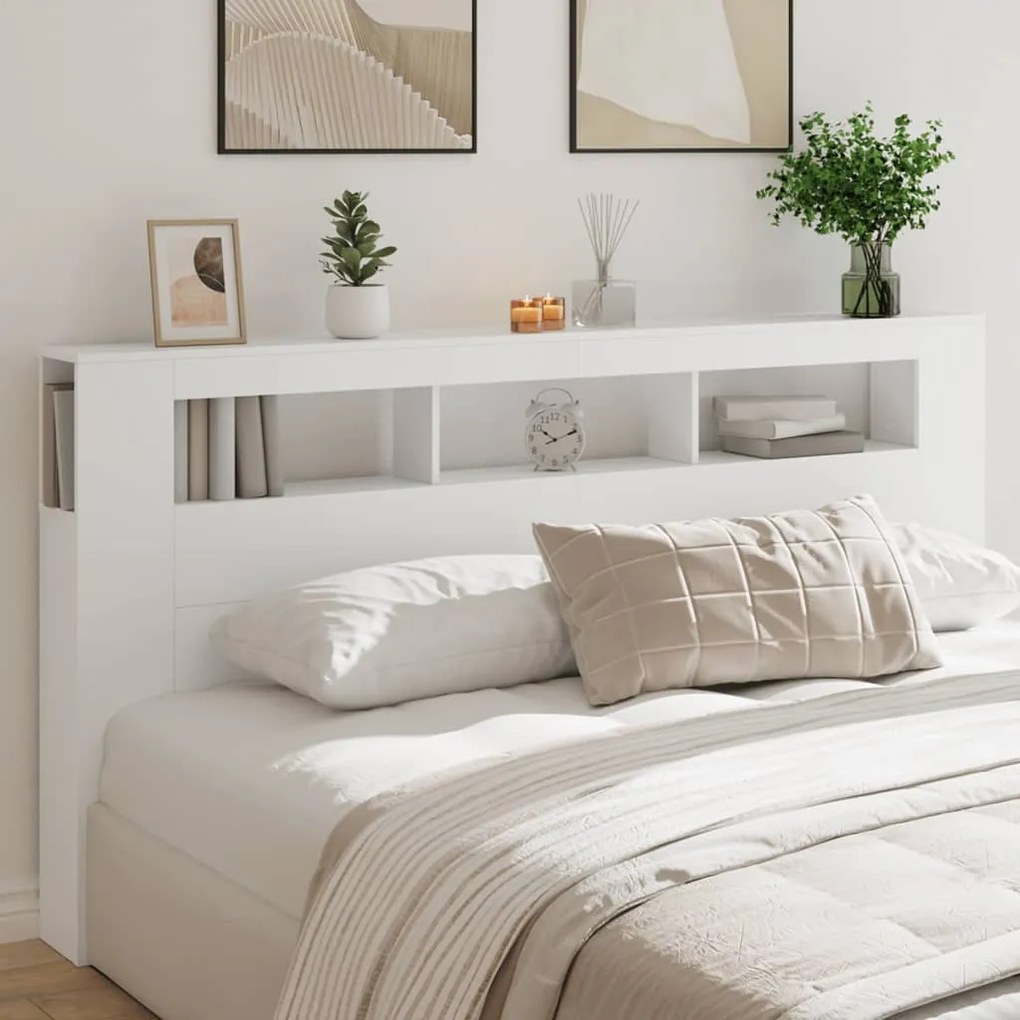 vidaXL Cabeceira de cama com luzes LED derivados de madeira branco