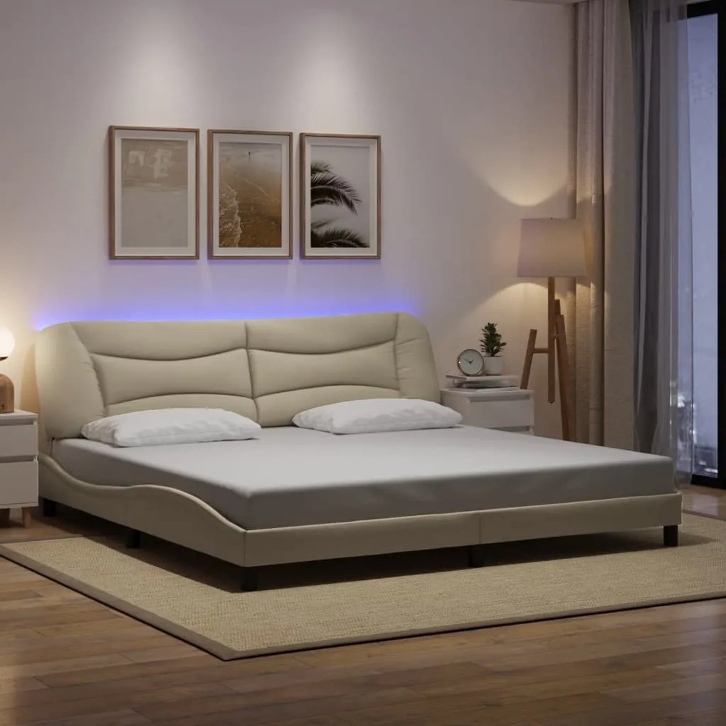 Estrutura de cama com LED sem colchão 200x200 cm tecido creme