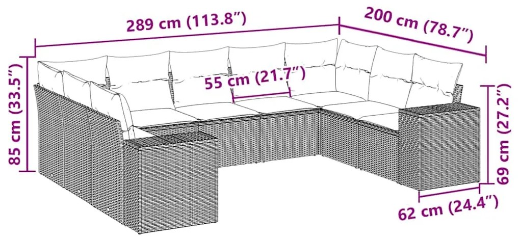 9 pcs conjunto de sofás p/ jardim c/ almofadões vime PE preto