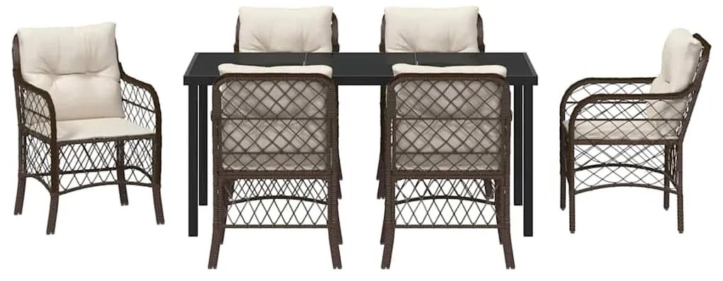 Conjunto de Jantar de Jardim com 7 Peças e Almofadas Marrons em Rattan