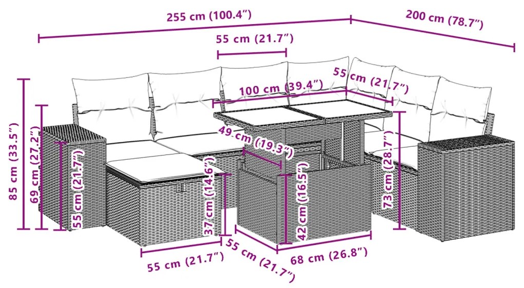 8 pcs conjunto de sofás p/ jardim com almofadões vime PE bege