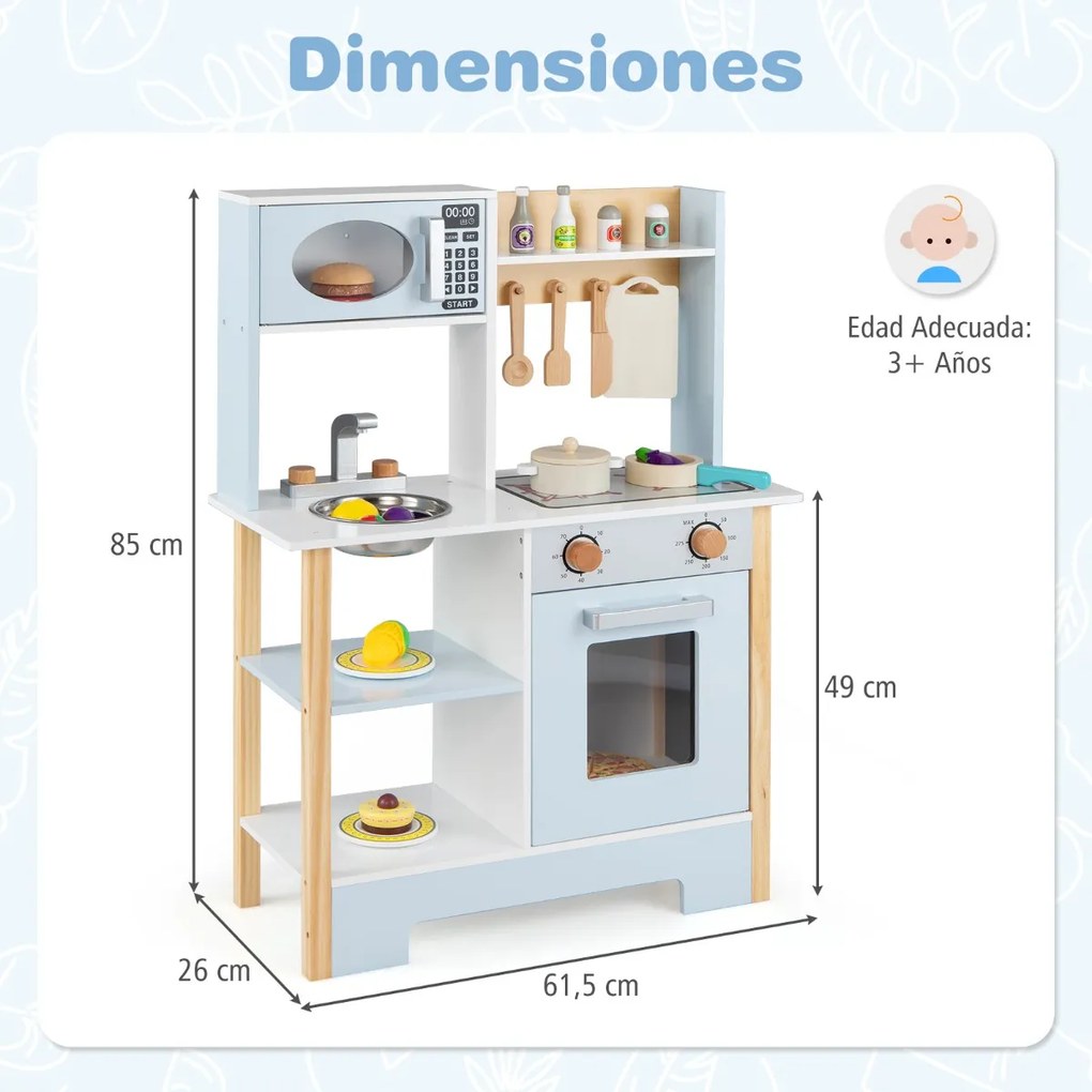 Cozinha de brincar para crianças 61 x 26 x 85 cm em madeira com quadro negro Micro-ondas Fogão Escorredor Torneira e pia para maiores de 3 anos Azul