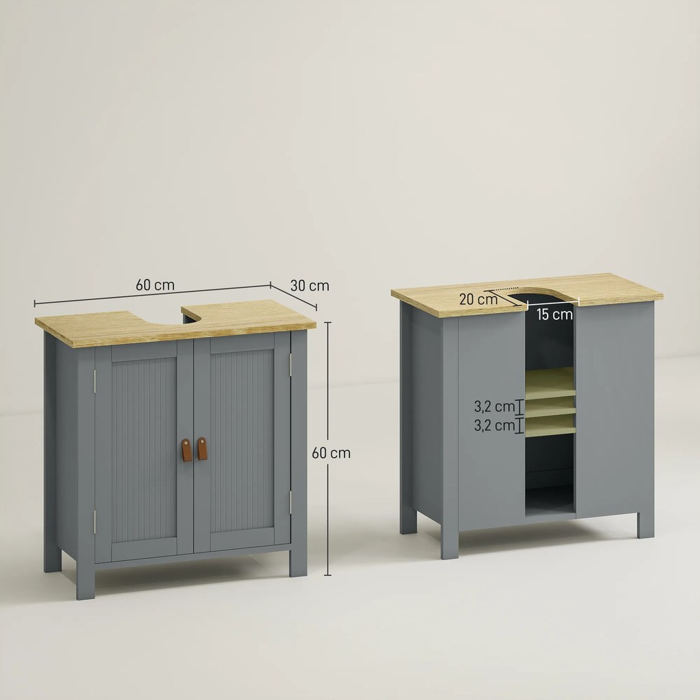 Móvel de lavatório (NÃO INCLUIDO) com 2 portas 60 x 30 x 60 cm, prateleira ajustável com 2 níveis no interior, puxadores em PU, cinzento