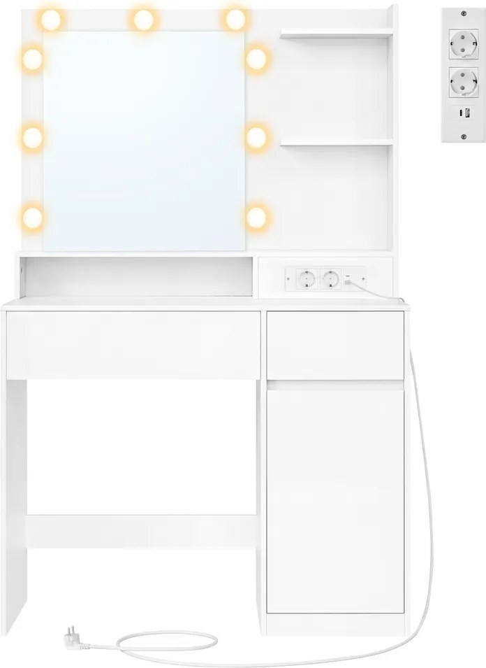 Toucador com espelho 40 x 80 x 144,3 cm, iluminação, base de carregamento e 2 gavetas, branco