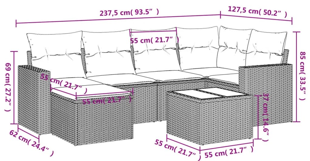 7 pcs conj. sofás jardim com almofadões vime PE cinzento-claro
