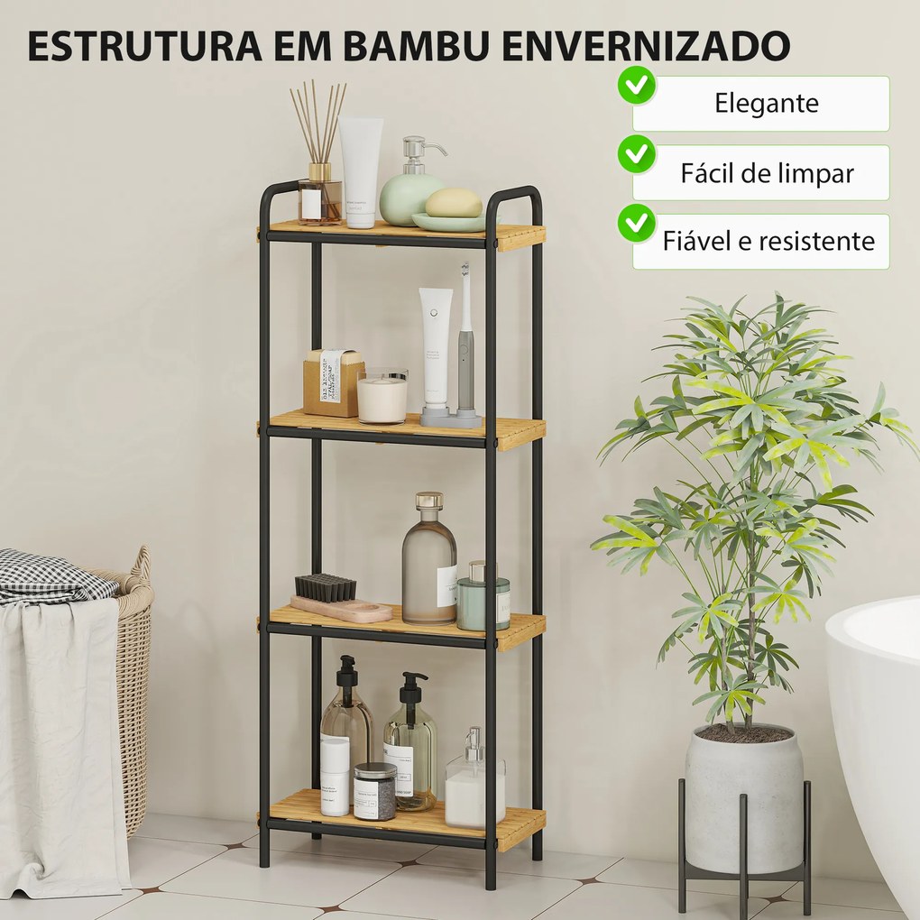 Estante de Casa de Banho de Bambu de 3 Níveis Estante de Armazenamento com 3 Prateleiras Ripas e Estrutura de Aço 41,5x21,5x106 cm Madeira e Preto