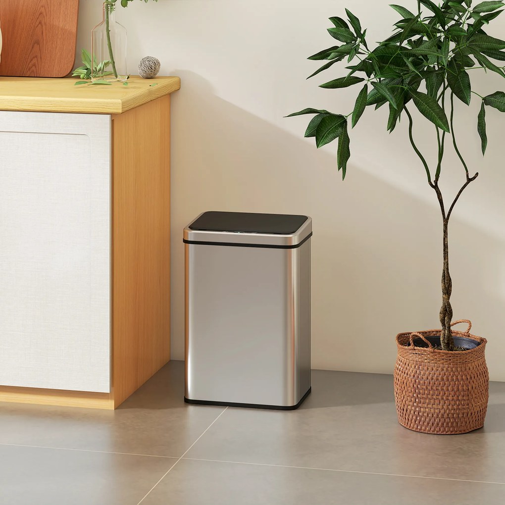Caixote do lixo com sensor de 40 L, tampa com fecho suave, caixote do lixo de cozinha automático em aço inoxidável, prateado