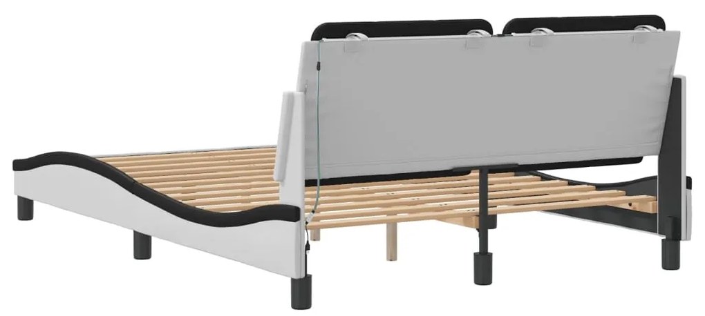 Estrutura cama c/ luzes LED 140x200cm couro artif. branco/preto