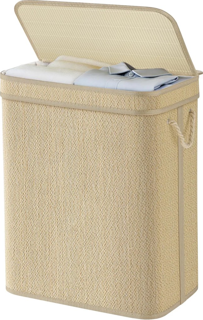 Cesto para roupa suja em bambu 90 L, saco para roupa suja removível e lavável, 49 x 33 x 61 cm natural