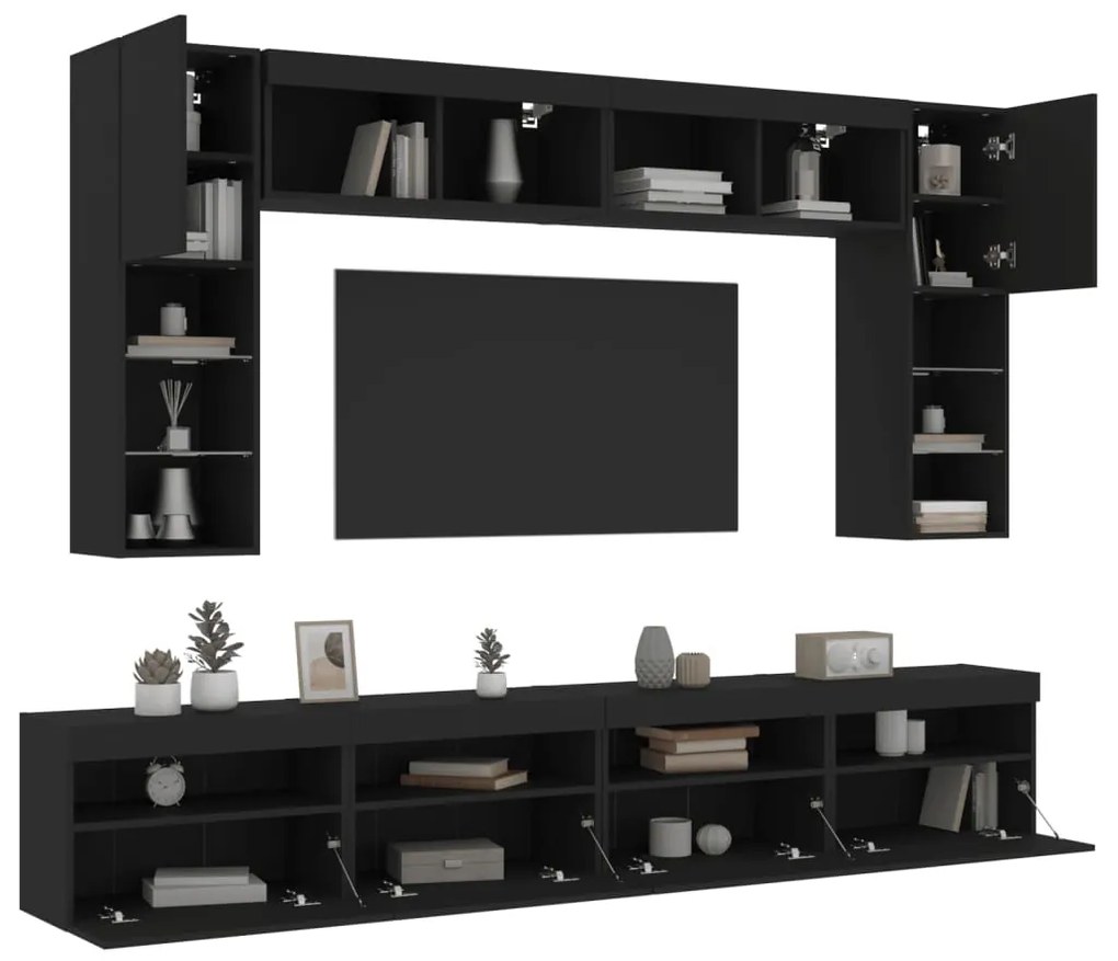 8 pcs conjunto de móveis de parede para TV com luzes LED preto