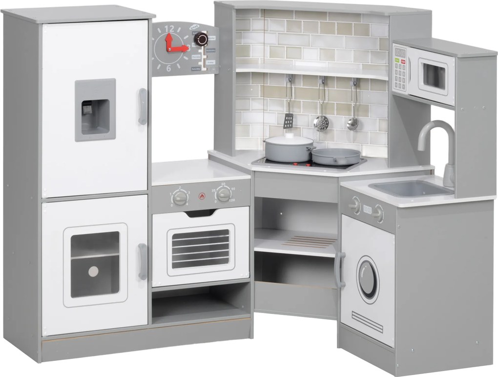 AIYAPLAY Cozinha de Madeira para Crianças com Sons Forno Lavatório Micro-Ondas Máquina de Gelo e Acessórios 110x80x91 cm Cinza | Aosom Portugal