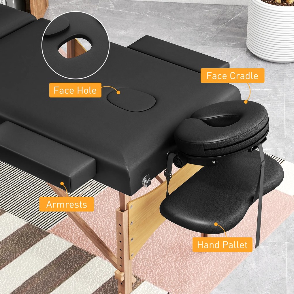Marquesa de Massagem Dobrável Portátil com Altura Ajustável Apoio de Cabeça Apoios de Braço Acolchoados 215x60x64-89 cm Preto