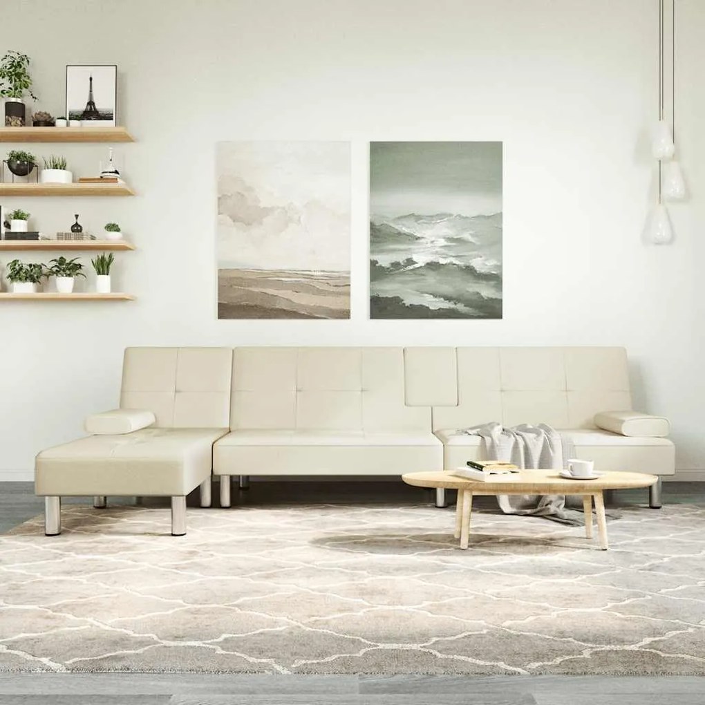vidaXL Sofá-cama em forma de L 255x140x70 cm couro artificial creme