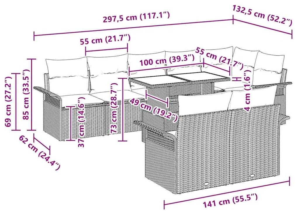 Conjunto de sofá de jardim de 9 peças com almofadas cinzas em polirata