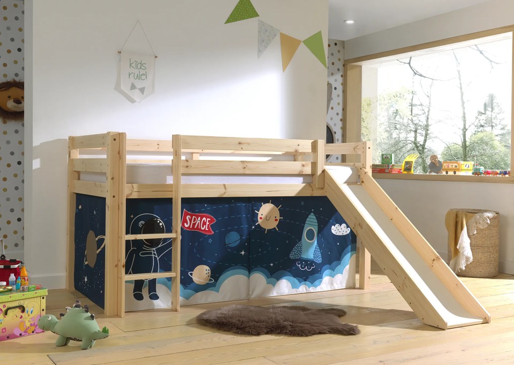 Cama alta de Criança PINO 90 x 200 cm + estrado + escada + escorrega + cortina Espaço Natural