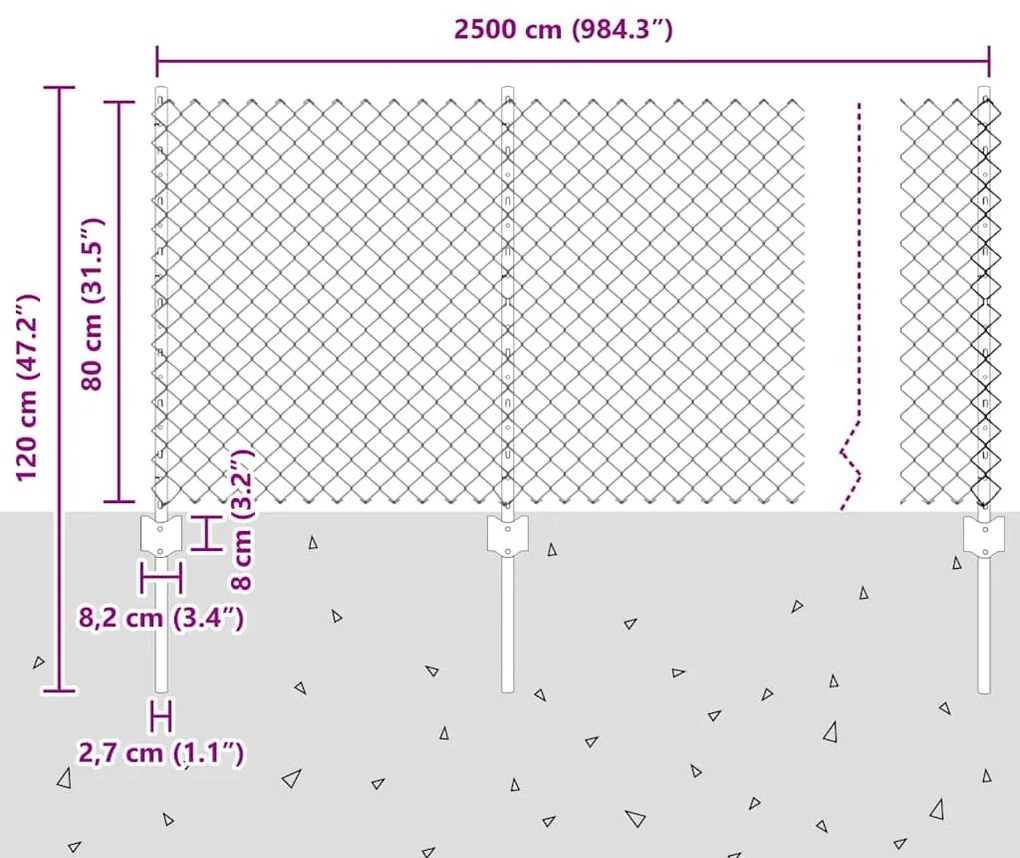 Cerca de Cadeia com 22 Postes U Cinza 0.8x25 m Aço