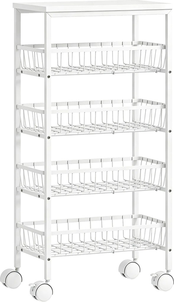 HOMCOM Carrinho Auxiliar com Rodas com 4 Cestos Amovíveis Carga até 15 kg Estrutura Metálica para Sala de Jantar e Casa de Banho 40x24x82 cm Branco | Aosom Portugal