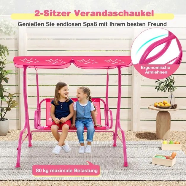 Baloiço infantil Hollywood para 2 crianças com toldo ajustável e estrutura metálica Rosa
