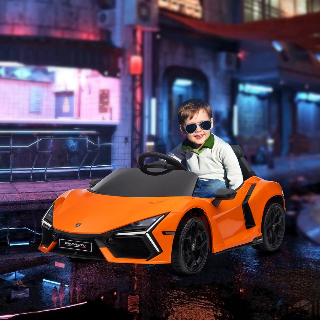 Carro Elétrico para Crianças Carro Lamborghini Revuelto com Bateria 12V Faróis LED e Música 105x60x40 cm Laranja