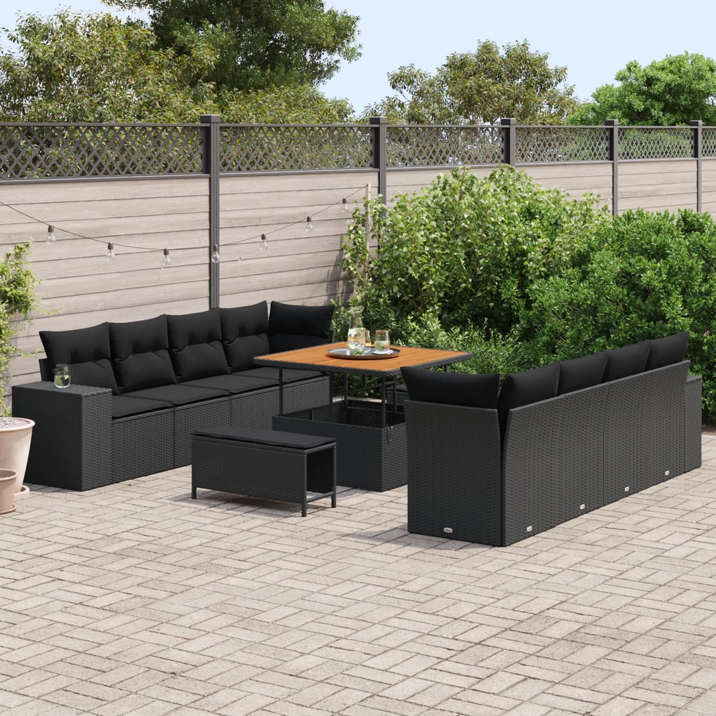 Conjunto de Sofá de Jardim de 11 Peças com Almofadas Preto Poly Rattan
