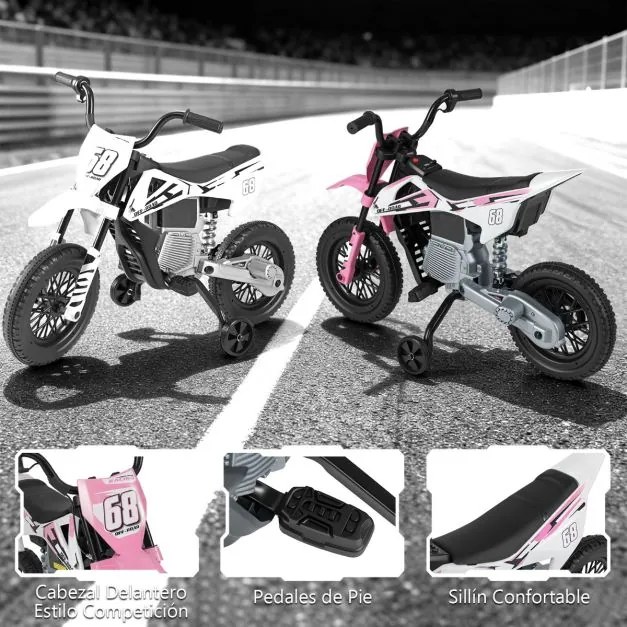 Mota elétrica para crianças 12V com rodas de treino removíveis e suspensão com molas Rosa